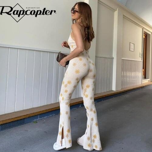Rapcopter Floral Knitted Jumpsuits Backless Spaghetti Strap Bodysuits y2k Vintage Skinny Workout Overalls Women Split Jumpsuits