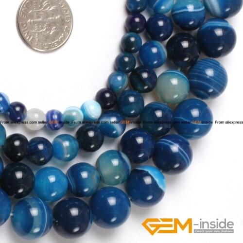 Round Banded Blue Stripe Agates Beads For Jewelry Making Strand 15" Natural Stone Loose Beads For Bracelet Necklace Making