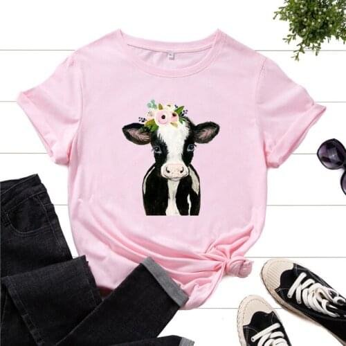 Summer Women Plus Size T Shirt Cotton 100% Cow Flower Printed Fashion Kawaii Female Harajuku Casual O-Neck Short Sleeve Tee Tops