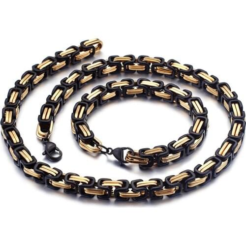 2020 NE 5mm/6mm/8mm Black Gold Huge Stainless Steel Square Byzantine Chain Necklace Bracelet Hip-Hop Mens Women Jewelry 8''-24