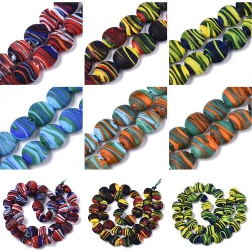 About 35pcs/Strand Handmade Frosted Stripe Lampwork Beads Flat Round Loose Bead For DIY Necklace Bracelet Craft Jewelry Making