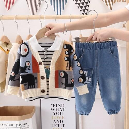 2020 BOYS Autumn Clothing Handsome Little Boy Ant Sweater Coat Long Sleeve Three-piece Set Korean-style Trend Childrenswear