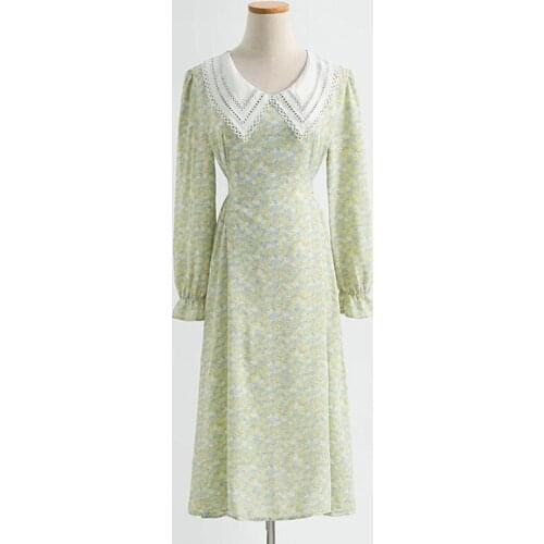 Spring Autumn Floral Print Women Dress Sweet Doll collar Lady Midi Long Chiffon Dress Long sleeve Female Elegant Vestidos