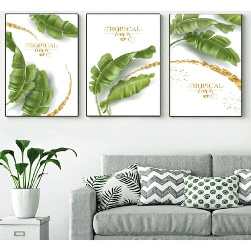 Golden Canvas Prints Green Tropical Leaves Abstract Canvas Paintings Luxury Wall Art Posters Pictures for Living Room Home Decor