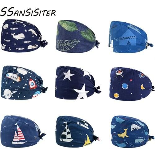 Scrub Caps Women Cartoon Printed Hats Cotton Sweatband Nursing Cap Beauty Salon Working Hats Men Adjustable Bandage Workwear