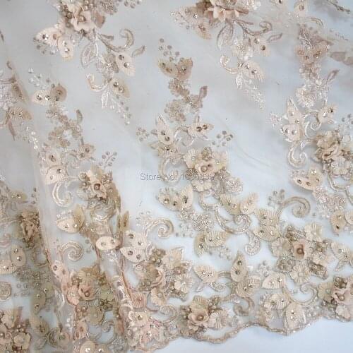 Luxury Apricot Heavy Handwork beaded french lace fabric with 3d flower sequin fabric for lace top HY0649-2