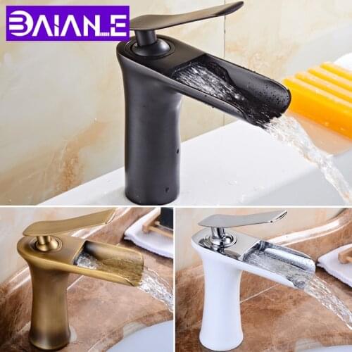 BAIANLE Basin Faucet Antique Bathroom Waterfall Black Sink Faucet Chrome Deck Mount Cold and Hot Water Mixer Tap