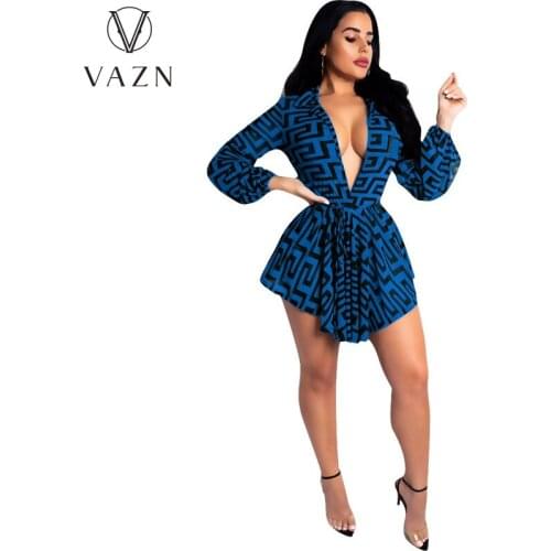VAZN 2021 Top Quality Chiffon Asymmetrical Sexy Club Retro Fashion Deep V-Neck Full Sleeve Women High Waist Mini Dress