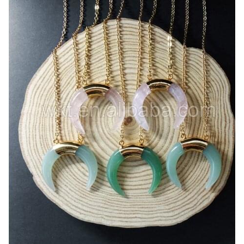 WT-N703 Double hoops natural stone necklace wholesale ,women jewelry green chalcedony and pink stone necklace for decoration