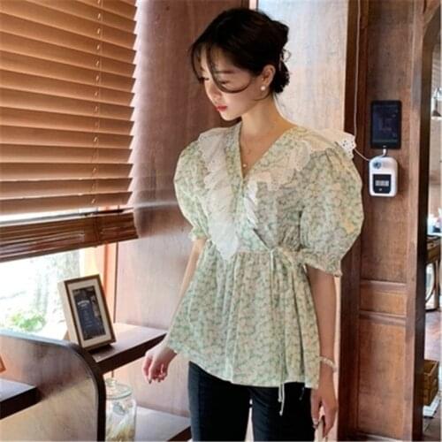 Korean Womens Blouse V-neck Floral Print Ruffles Blusas Female Fashion Tide Tops 2021 Summer