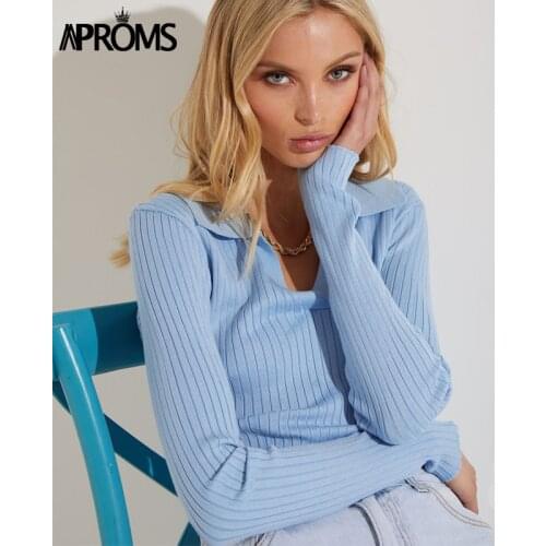 Aproms Vintage Turn-down Collar Knitted T-shirt Women Long Sleeve Soft Bodycon Tshirt Autumn Winter Solid Pullovers Female Top