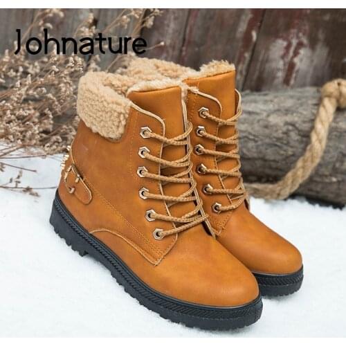 Johnature Warm Ankle Snow Boots Women Shoes Lace-up 2020 New Winter Round Toe Flat With Rivet Plush Non-slip Platform Boots