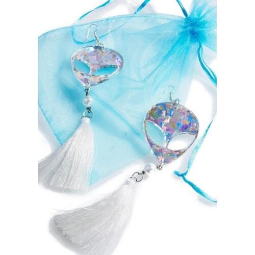 Fashion Personality Exaggerated Sexy Tide Female Earrings Laser Hologram Alien Head Tassels Bling Earrings Cosplay Weird Party