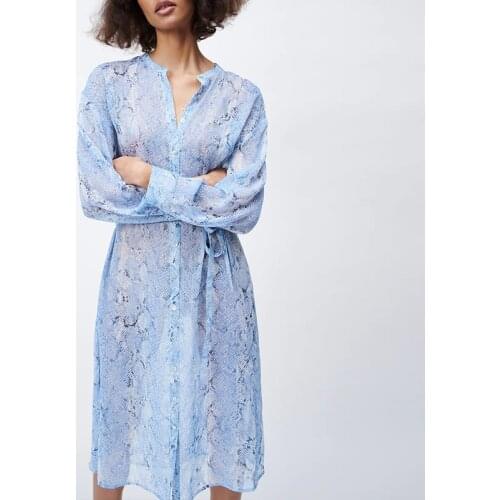 New arrival ladies spring and summer blue long dress snake print fashion dress long sleeve belt dress