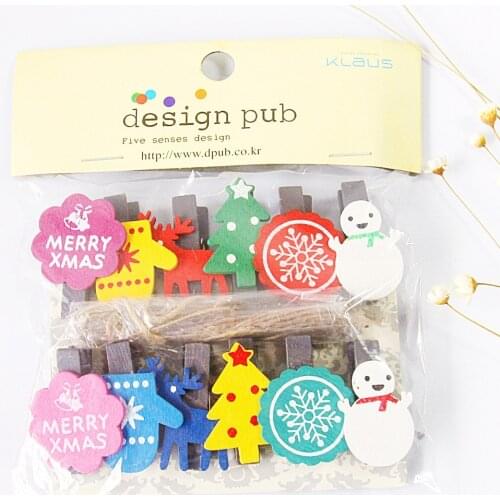 12 pcs/lot Creative Christmas Series Wooden Clip Photo paper Clothespin Craft Clips Party Decoration Clip with Hemp Rope