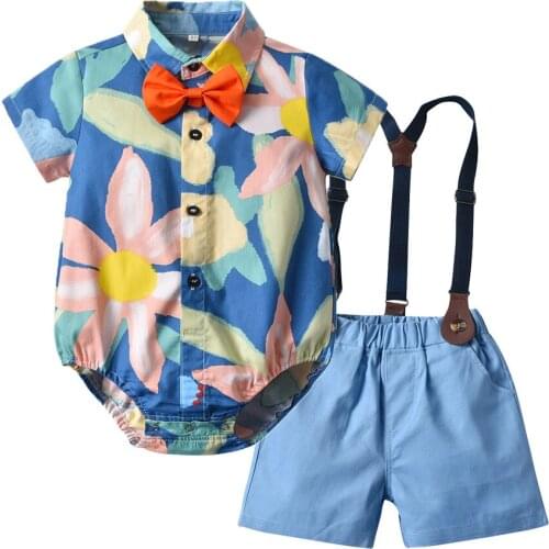 2021 Fashion Kids Boy Gentleman Clothes Set Infant Baby Boys Gentleman Bow Tie Floral Romper+Suspender Bib Shorts Outfits