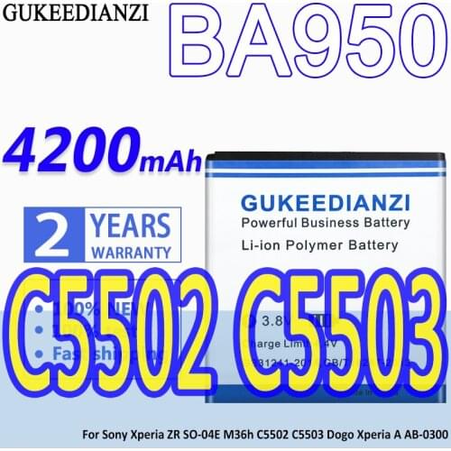 High Capacity GUKEEDIANZI Battery BA950 4200mAh For Sony Xperia ZR SO-04E M36h C5502 C5503 Dogo Xperia A AB-0300