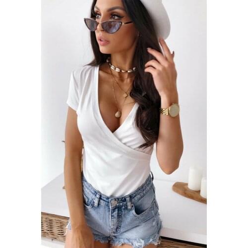 White Summer Surplice V Neck Tee Tops Women 2021 Sexy Goth Shirt Short Sleeve Women Tees Stretchy Cross Wrap