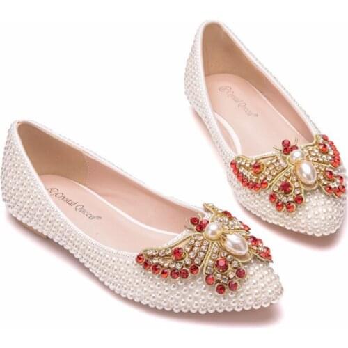 White flat bridesmaid shoes bridal wedding shoes handmade pearl maternity shoes plus size casual shoes