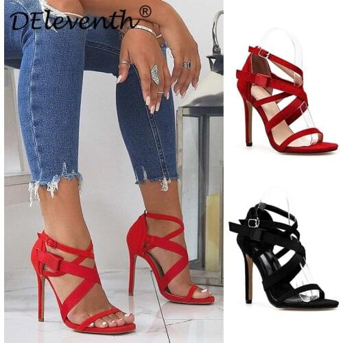 2020 New Style Gladiator Sandals Women High Heels Sandals Thin Heels Ladies Sexy Party Flock Cross-tied Open Toe Shoes red