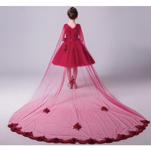 Glizt Red Tulle Trailing Flower Girl Dress for Wedding Party Pageant Princess Floral Baby Baptism Gown First Communion Dress