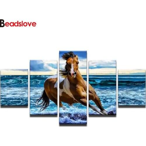 Diamond mosaic horse diamond embroidery painting 5 Pieces,5d diy diamond painting full square round drill animal,Multi Panel