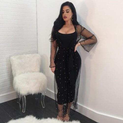 Sexy Black Beading Two Piece Bandage Dress Long Sleeve Pearl Embellished V Neck Spaghetti Strap Sleeveless Midi Dress Set