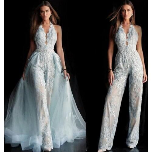 Full Lace Applique Bridal Jumpsuit With Detachable Train 2020 Halter Backless Summer Holiday Wedding Jumpsuit Dress white dress