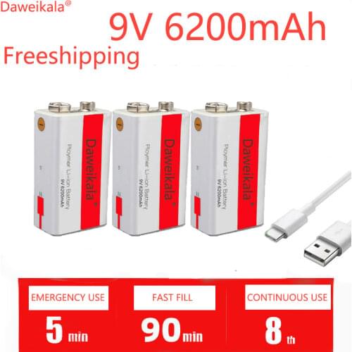 2021 new 9v6200mah lithium ion rechargeable battery Mini USB battery 9V multimeter microphone toy lithium + USB charging cable