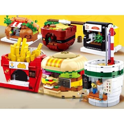 Mini City Shops Street View Series Hamburgers French fries ramen Ice cream cake food Shop Building Block MOC brick toys for kids