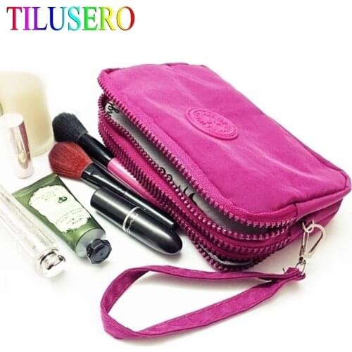 New Coin Purse Women Small Wallet Washer Wrinkle Fabric Phone Purse Three Zippers Portable Make Up bag