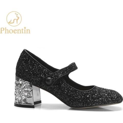 Phoentin crystal silver high heels flower black Mary jane pumps bling Sequin cloth shoes woman square toe elegant 2019 FT772