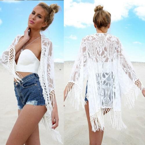 Sexy Casual Summer Fashion Ladies Women See Through White Tassel Lace Beach Bathing Wear Bikini Swimming Cover Ups Cardigan