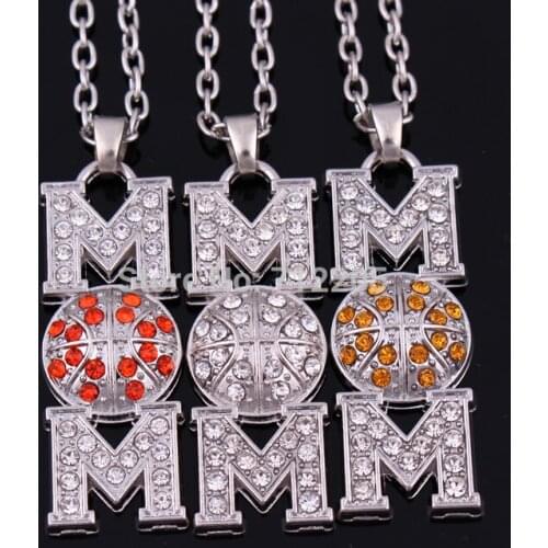 Mothers Day Gift zinc alloy rhodium plated Basketball Mom Pave clear Crystal Pendant chain necklace