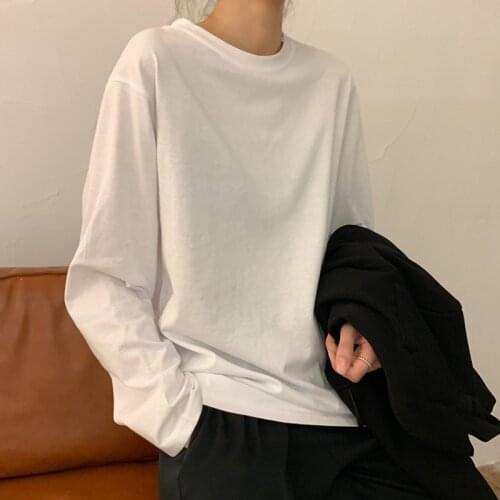2021 Spring Atumn Women T-shirt Long Sleeve Basic Tee Shirt Solid Loose Casual O-neck White Harajuku Korean Tops Female Clothes