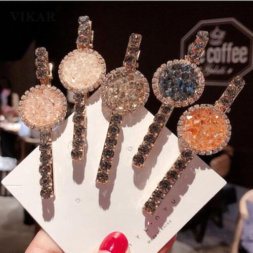 Women New Luxury Crystal Rhinestones Hair Clips Girls Hairpins Geometric Round Hairgrip Barrette Fashion Hair Accessories VIKAR