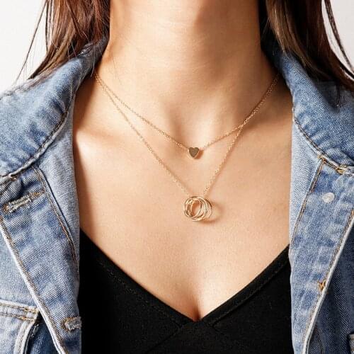 2 Layers Simple Choker Necklace Gold Silver Color Chain Heart Circle Pendant Necklace for Women Girls Party Jewelry Gift
