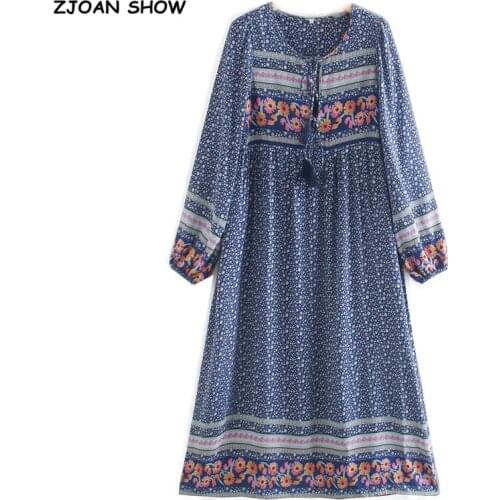 2020 Bohemia Lacing up V neck Blue flower Print Long Dress Ethnic Woman Tassel Strappy Long Sleeve Holiday Dresses Beach