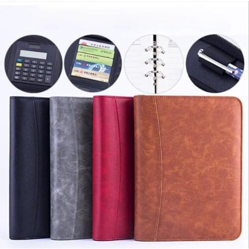 A5 Padfolio with Calculator Zipper Binder Notebook PU Leather Briefcase File Folder Spiral Travel Note Book