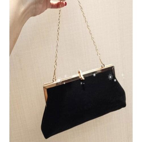 Retro Black Velvet Evening Clutch Bag Rhinestone Party Handbag Purse with Chain