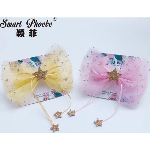 Boutique 15pcs Fashion Glitter Tassels Star Mesh Bow Hairpins Tulle Bowknot Hair Clips Princess Headwear Girls Hair Accessories
