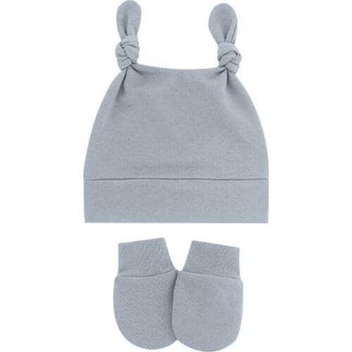 J60B Baby Cute Top Knot Rabbit Ears Beanies Hospital Hat and Mittens Set Newborn Infant Solid Color Stretchy Warm Cap Anti 0-1