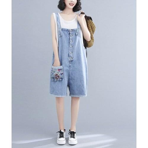 Denim Jumpsuit Womens Summer New Loose Large Size Embroidered Buttons Solid Color Simple Fashionable Commuter Overalls Shorts