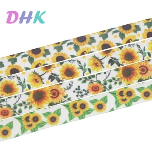 DHK 5/8'' 50yards sunflower printed Fold Elastic FOE stretch ribbon hairbow headwear headband DIY OEM S1187