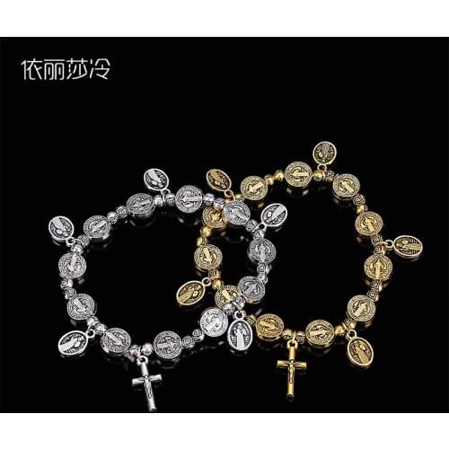 Jesus Cross St. Benedict Bracelet, Jesus Rose Center St. Benedict Icon Cross Bracelet, Catholic Rosary Bracelet