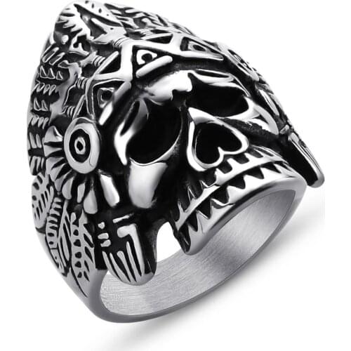 Valily Feather Dayak Indian Cheaf Headdress Skull Rings Stainless Steel Punk Vintage Mens Silver Black Ring Biker Jewelry Gift