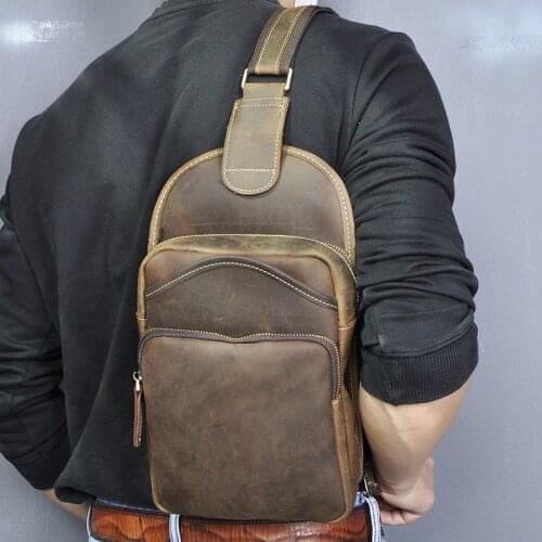 Quality Men Crazy Horse Leather Casual Waist Pack Chest Bag Design Sling Bag One Shoulder Bag Crossbody Bag For Male 9977-db