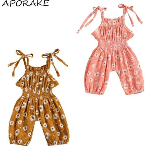 2021 0-18M Newborn Baby Girls Sleeveless Daisy Print Romper Jumpsuit Fashion Lace-up Floral Print Pleated Clothes for Kids Girls