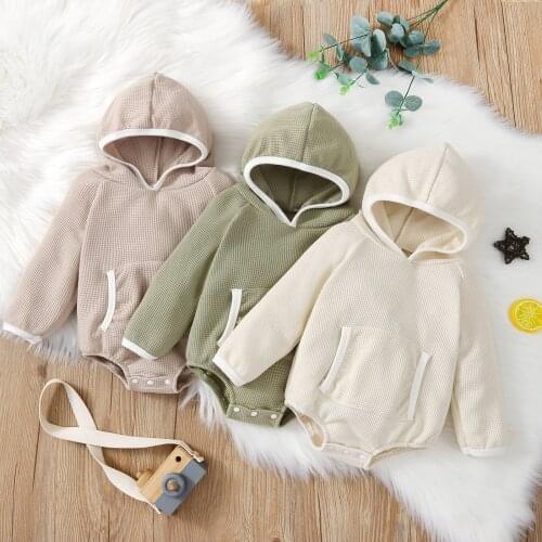 Lioraitiin 0-24M Newborn Infant Baby Boy Girl Casual Bodysuit Long Sleeve Solid Hooded jumpsuit With Pocket 3Colors
