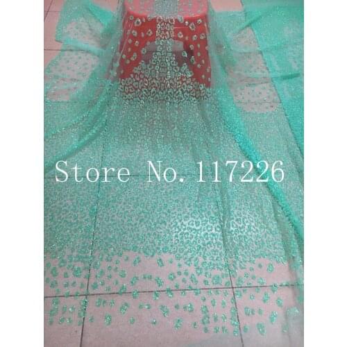 Top sale JRB-42025 french net embroidered lace fabric for party dress in mint green color with glued glitter